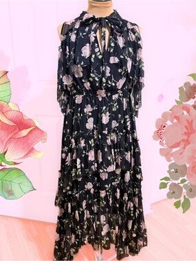 Ulla Johnson Noir Black Floral Tie-Neck Tiered High-Low Maxi Dress